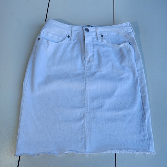 Code Bleu Denim Jean Skirt White Button Fly Pencil Back Kick Split Stretch Raw 6 - Picture 1 of 11
